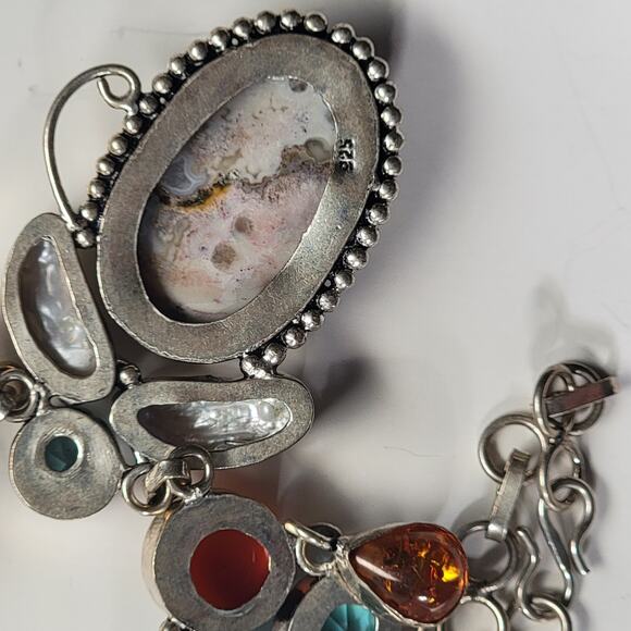 Sterling Silver Gemstone Necklace With Blue Topaz, Carnelian, Amber, And Pearls - Picture 10 of 10